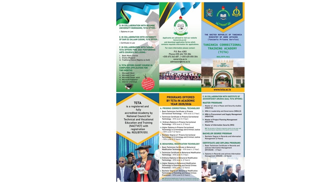 Chuo cha Taaluma ya Urekebishaji Tanzania (TCTA) Kilichopo Ukonga jijini Dar Es Salaam, kinaendelea kupokea maombi ya masomo 2025/2026